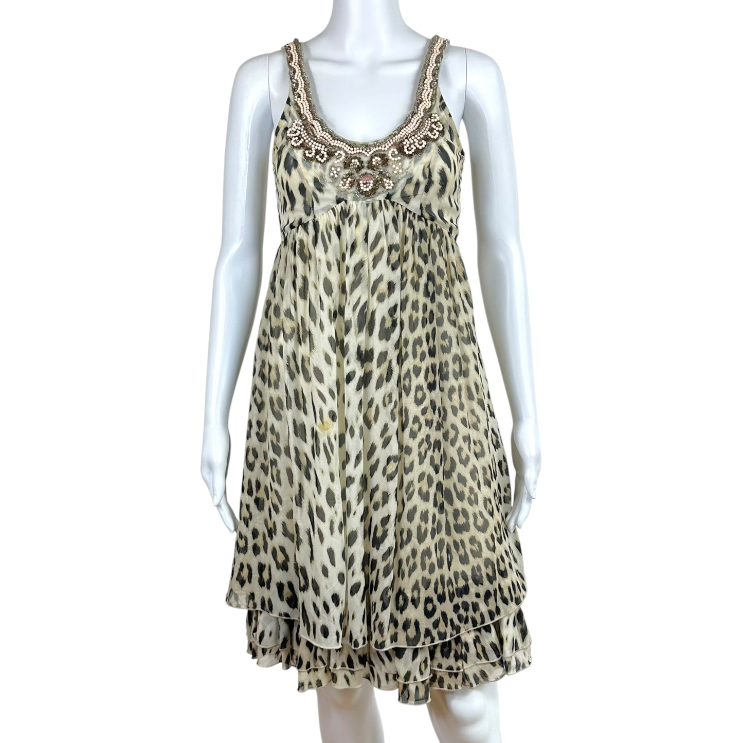 Blumarine Silk Mini Dress Leopard Print Beaded Scoop Neck