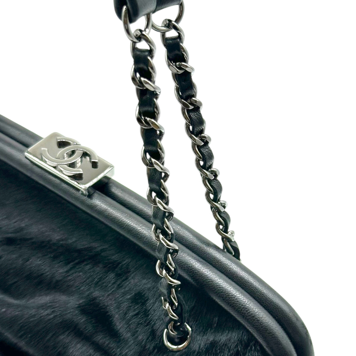 Chanel Black Ruched Ponyhair Handbag with Kisslock Closure