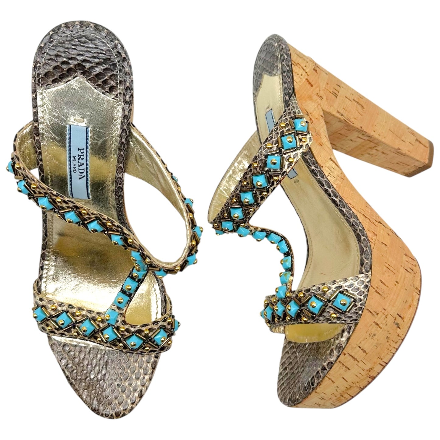 Prada Turquoise Beaded Snakeskin Cork Platform Sandal Heels