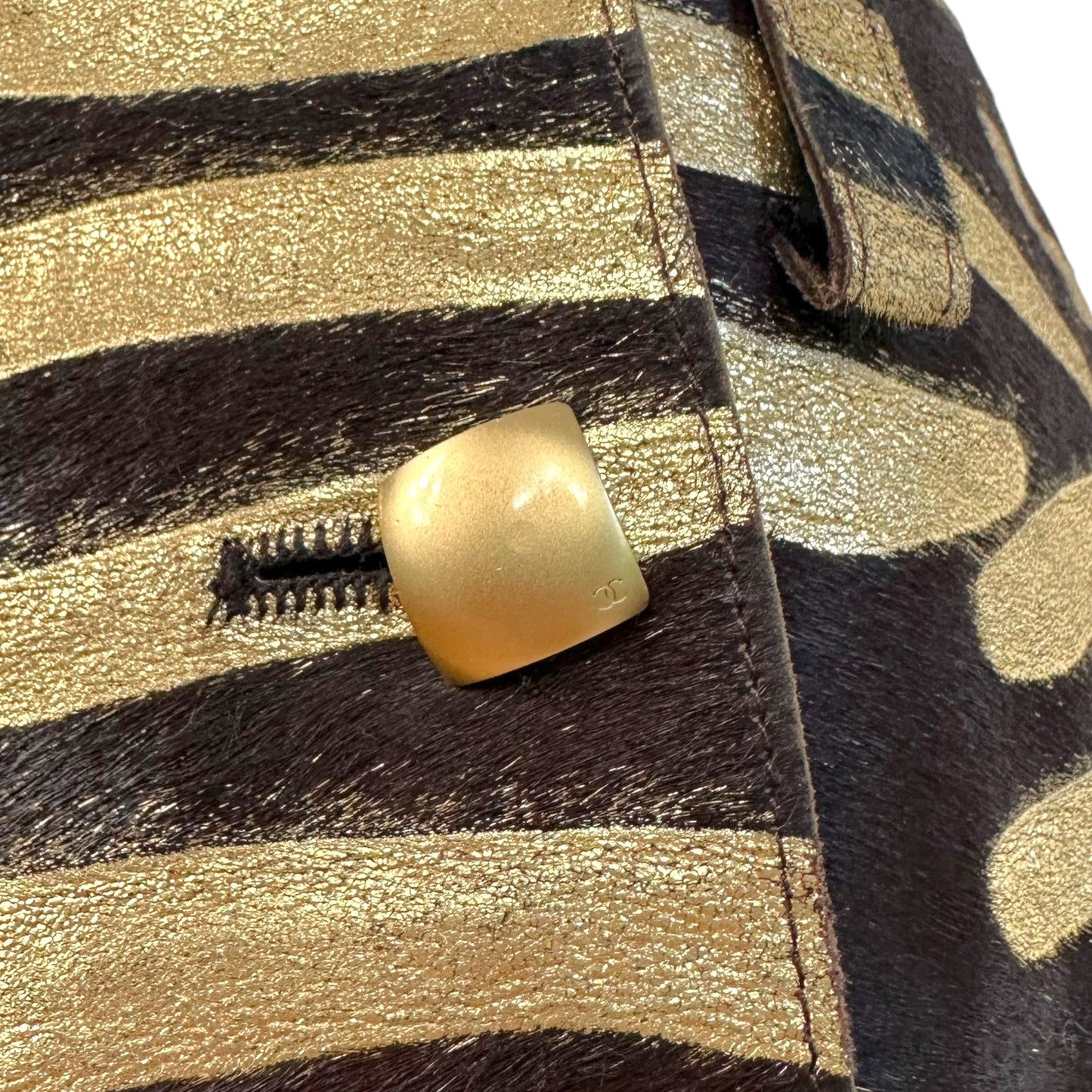 Chanel Cruise 2001 Gold Metallic & Brown Zebra Print Ponyhair Mini Skirt