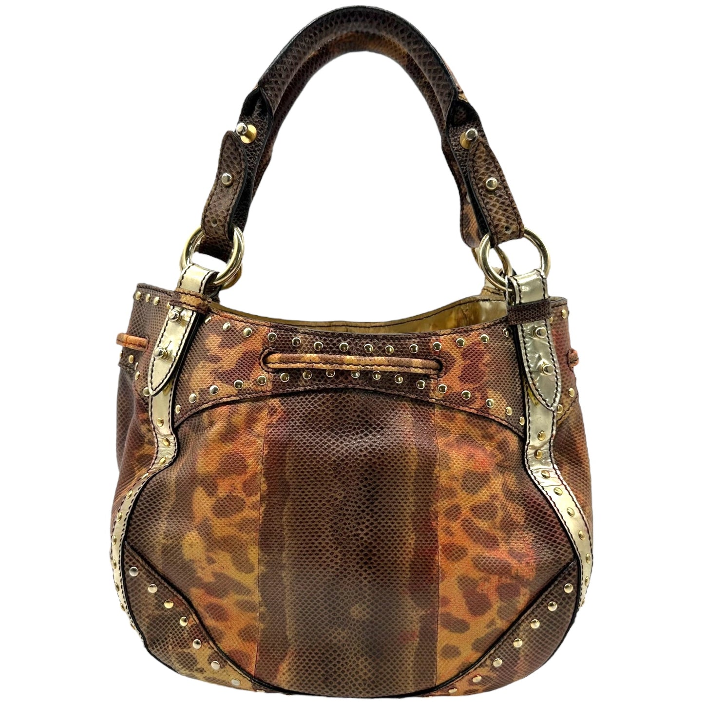 Roberto Cavalli Orange & Brown Lizard Skin Studded Bucket Bag