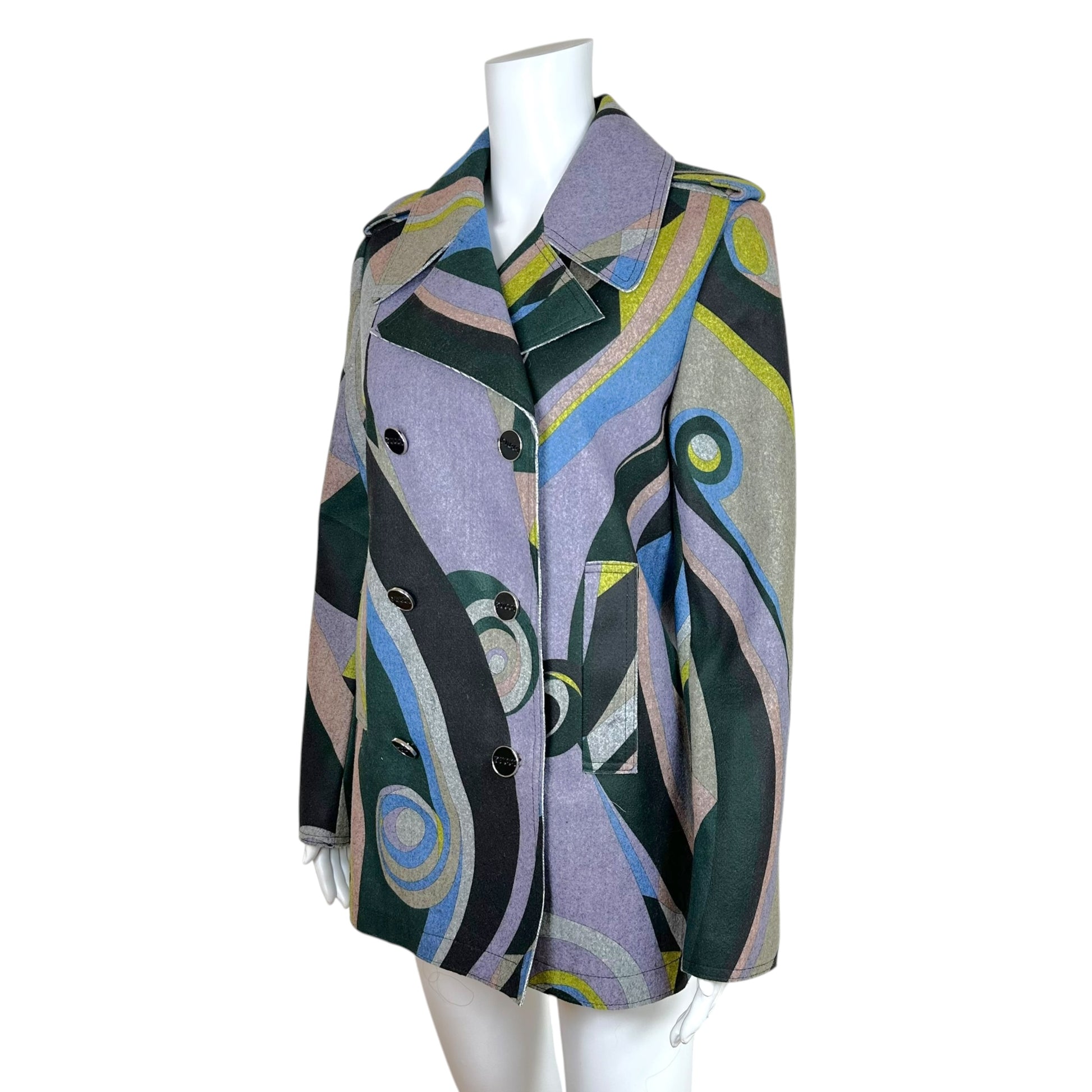 Emilio Pucci Double Breasted Coat Gray Multicolor Print