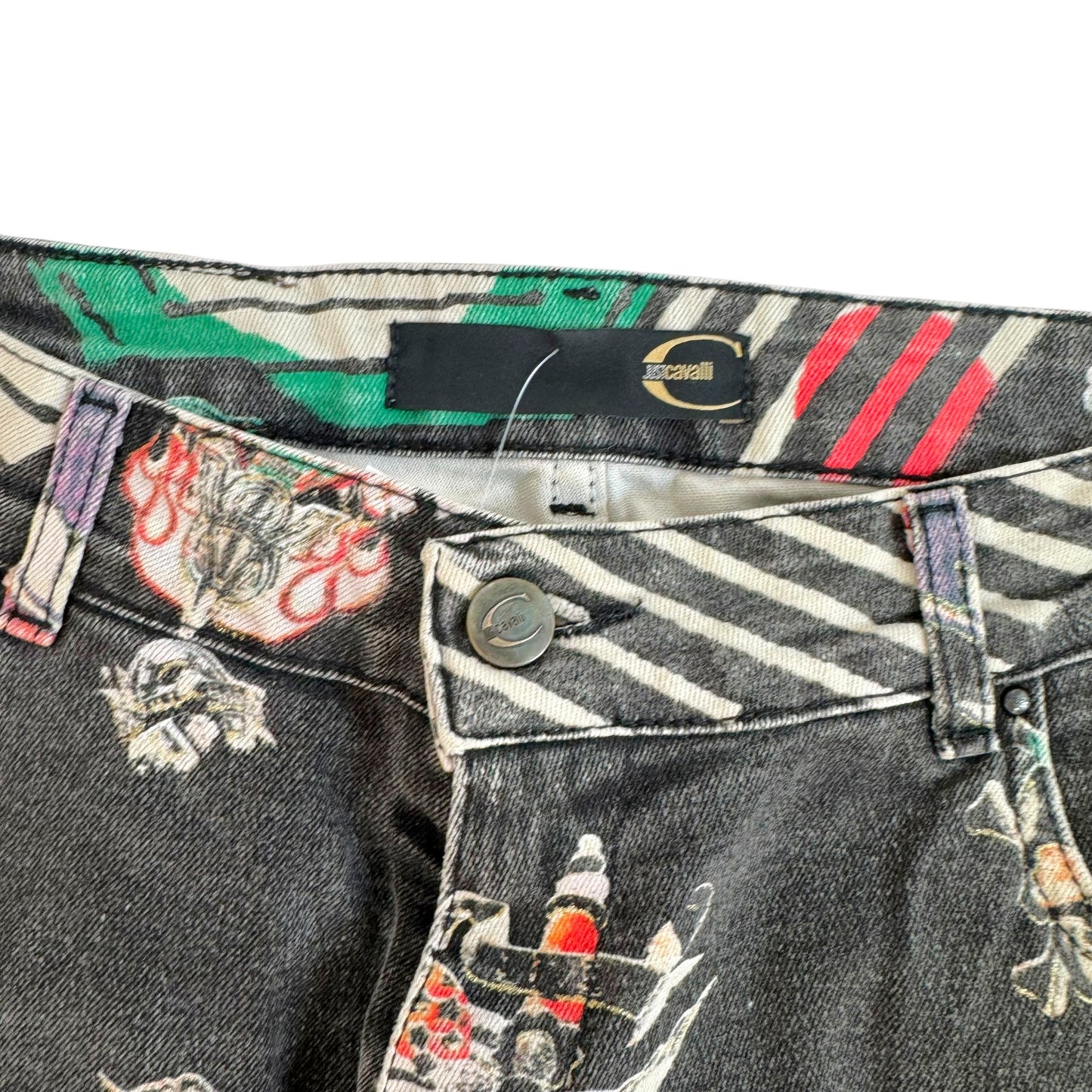 Roberto Cavalli Black Multicolor Tattoo Print Flare Jeans