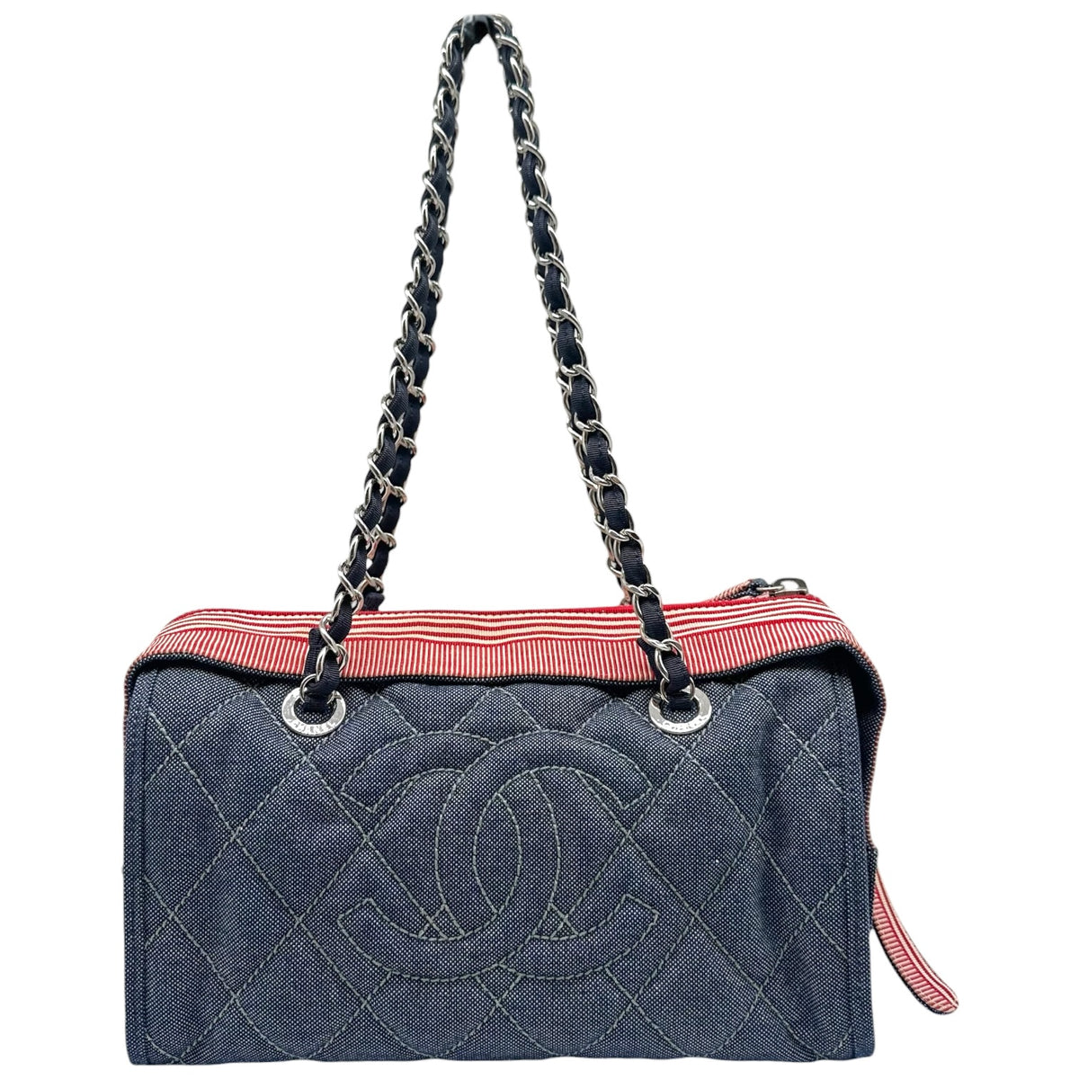 Chanel Blue Denim Red Striped Bowler Shoulder Bag