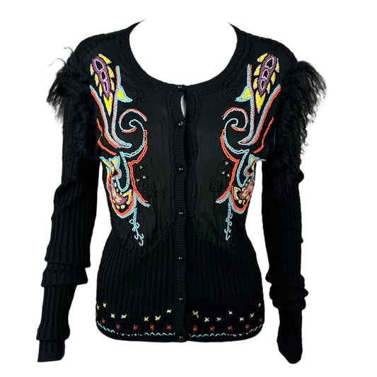 Roberto Cavalli Beaded Mongolian Lamb Fur Trim Cardigan