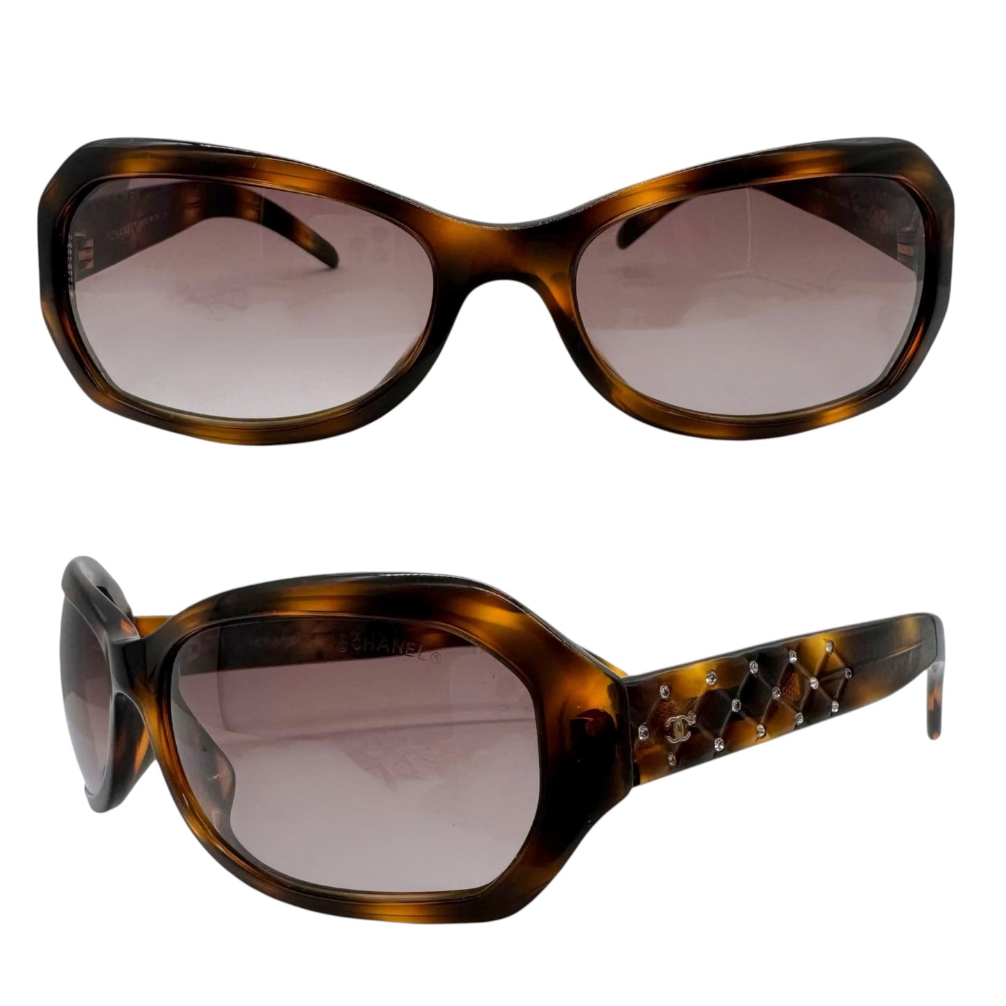 Chanel Brown Tortoise Rhinestone Arm Rectangle Sunglasses 5062