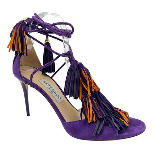 Jimmy Choo Purple Orange Suede Fringe Wrap Sandal Heels