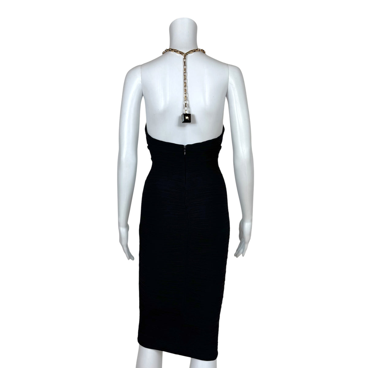 Dsquared2 Black Ruched Halter Mini Dress with Gold Chain