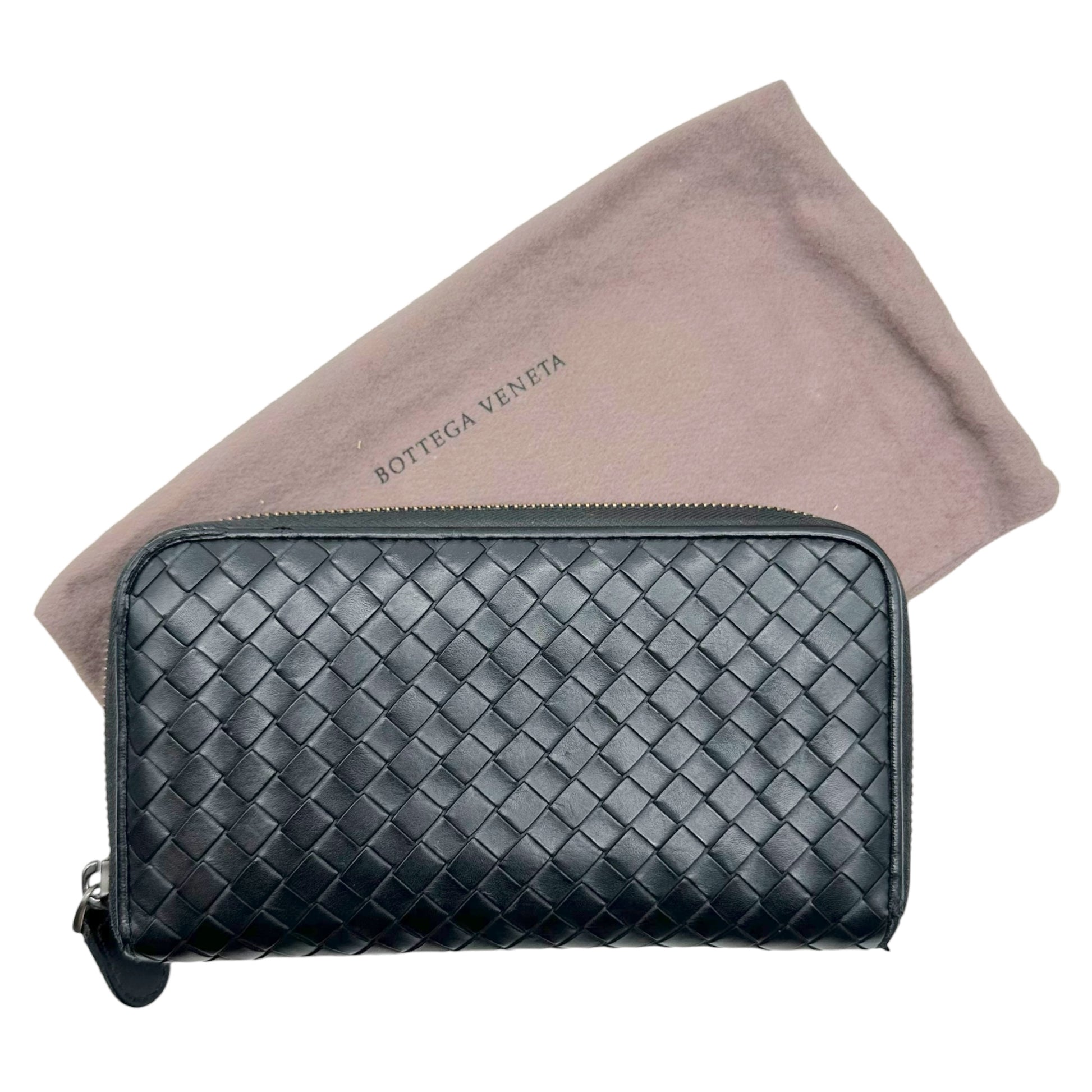 Bottega Veneta Black Intrecciato Leather Zip Wallet
