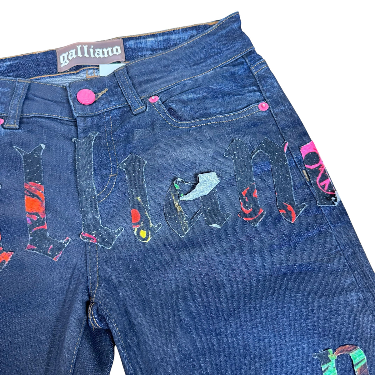 Galliano Multicolor Logo Patch Dark Wash Straight Leg Jeans