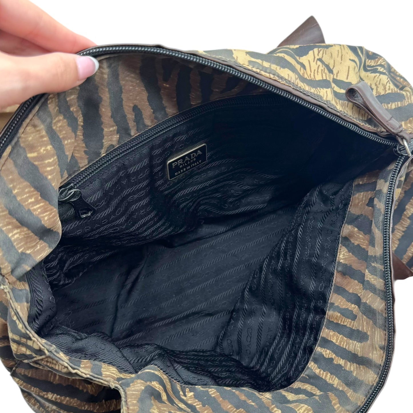 Prada Brown Zebra Print Nylon & Leather Shoulder Tote Bag - Outfit Repeater