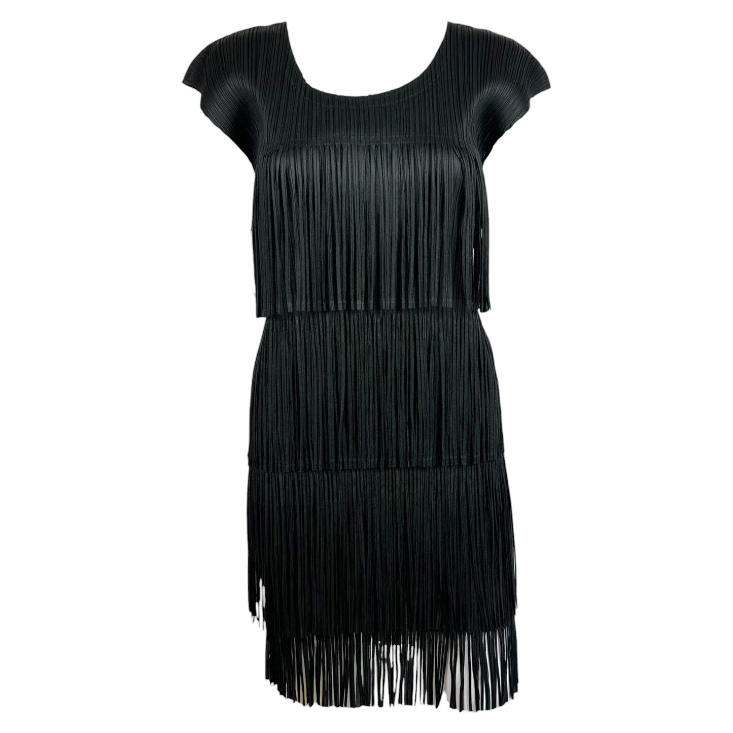 Issey Miyake Pleats Please Black Fringe Trim Pleated Mini Dress