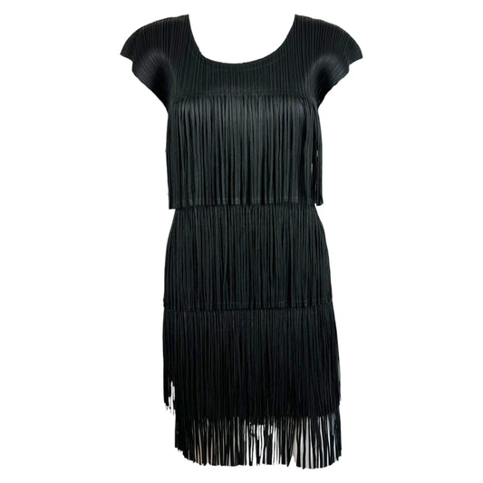 Issey Miyake Pleats Please Black Fringe Trim Mini Dress