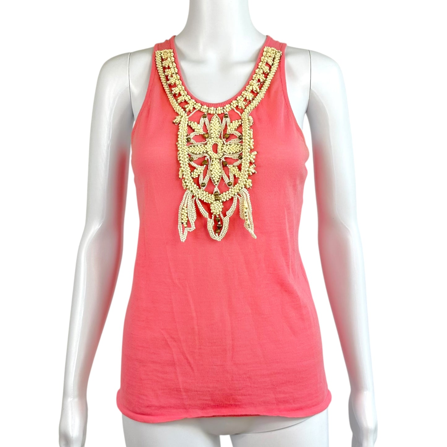 Chloe Tank Top Pink Ivory Beaded Neckline Sleeveless