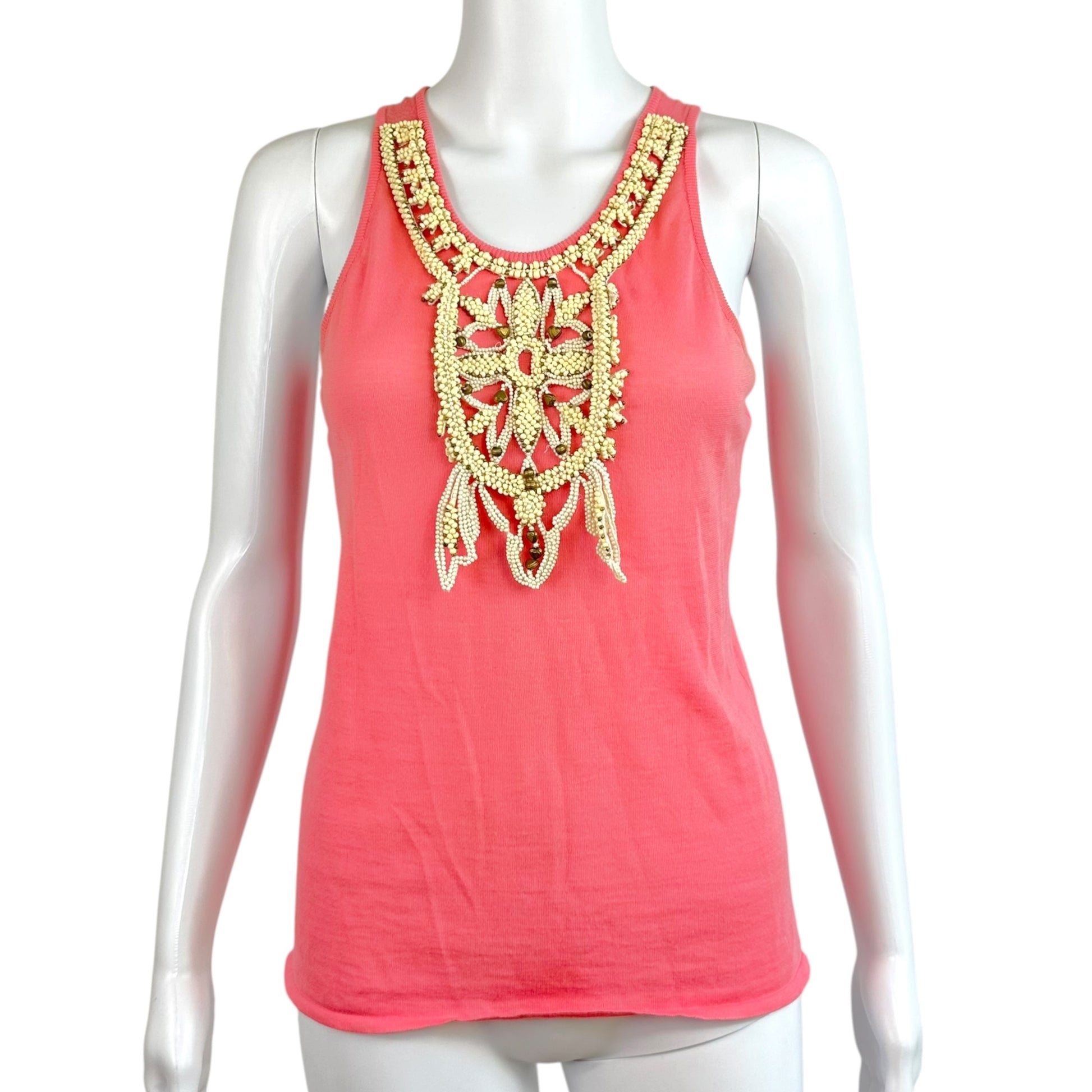 Chloe Tank Top Pink Ivory Beaded Neckline Sleeveless