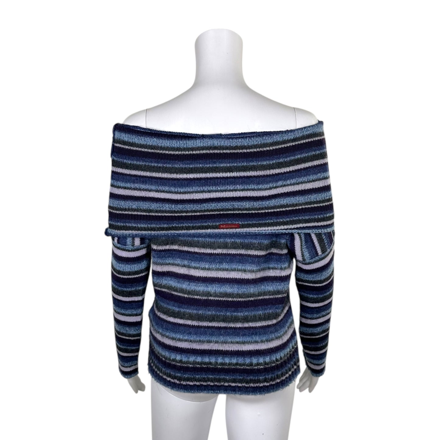 D&G Dolce & Gabbana Blue Striped Off Shoulder Knit Sweater