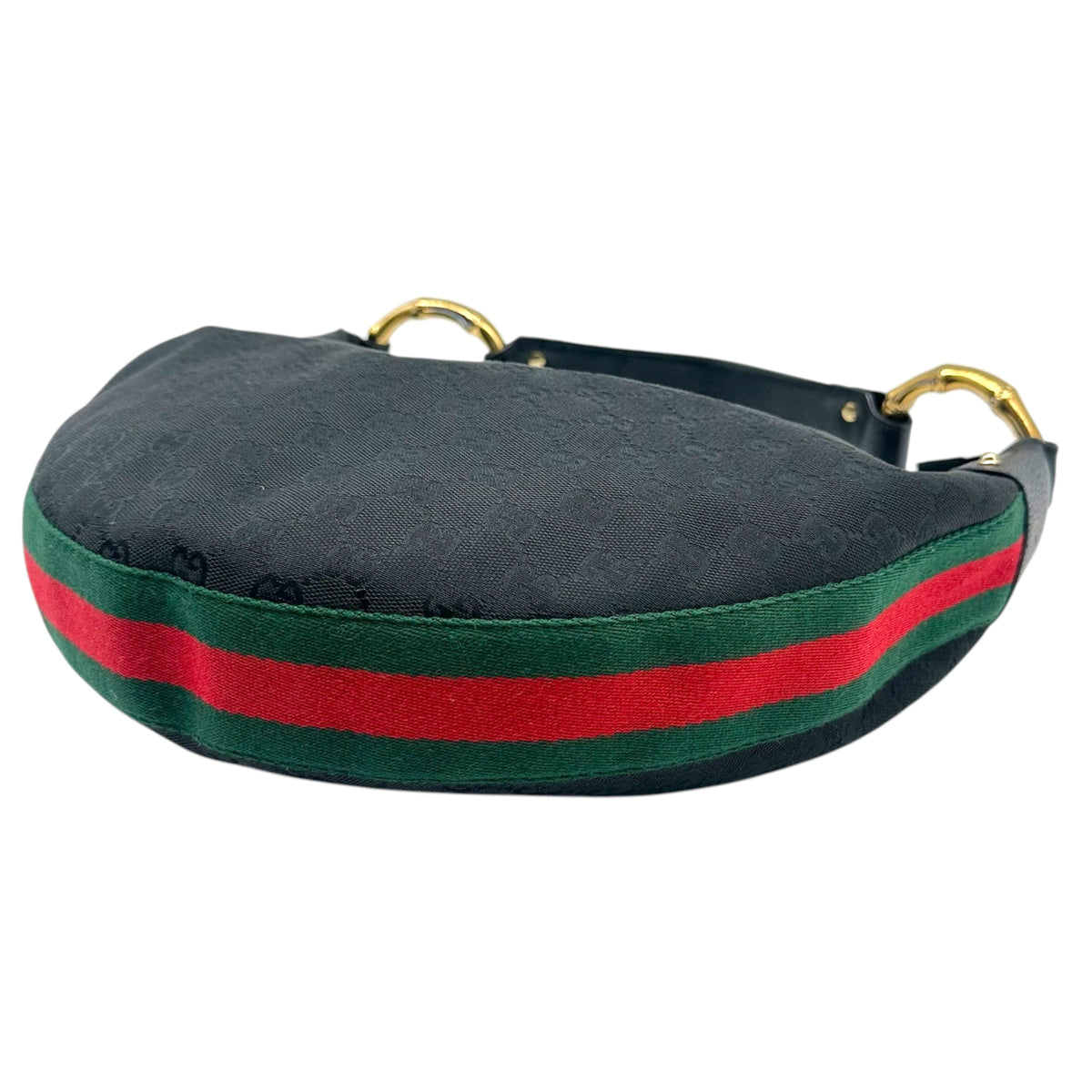 Gucci Black Monogram & Gold Bamboo Web Stripe Crescent Shoulder Bag