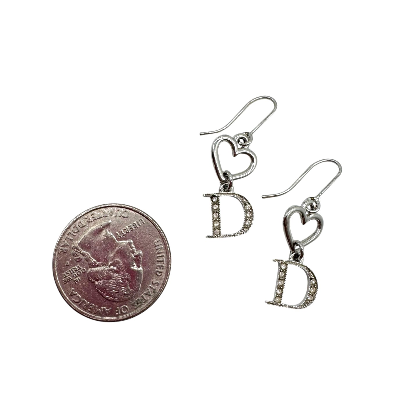 Christian Dior Silver Crystal Heart D Charm Dangly Earrings