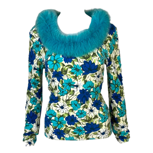 Blumarine Blue Floral & Fur Collar Sweater