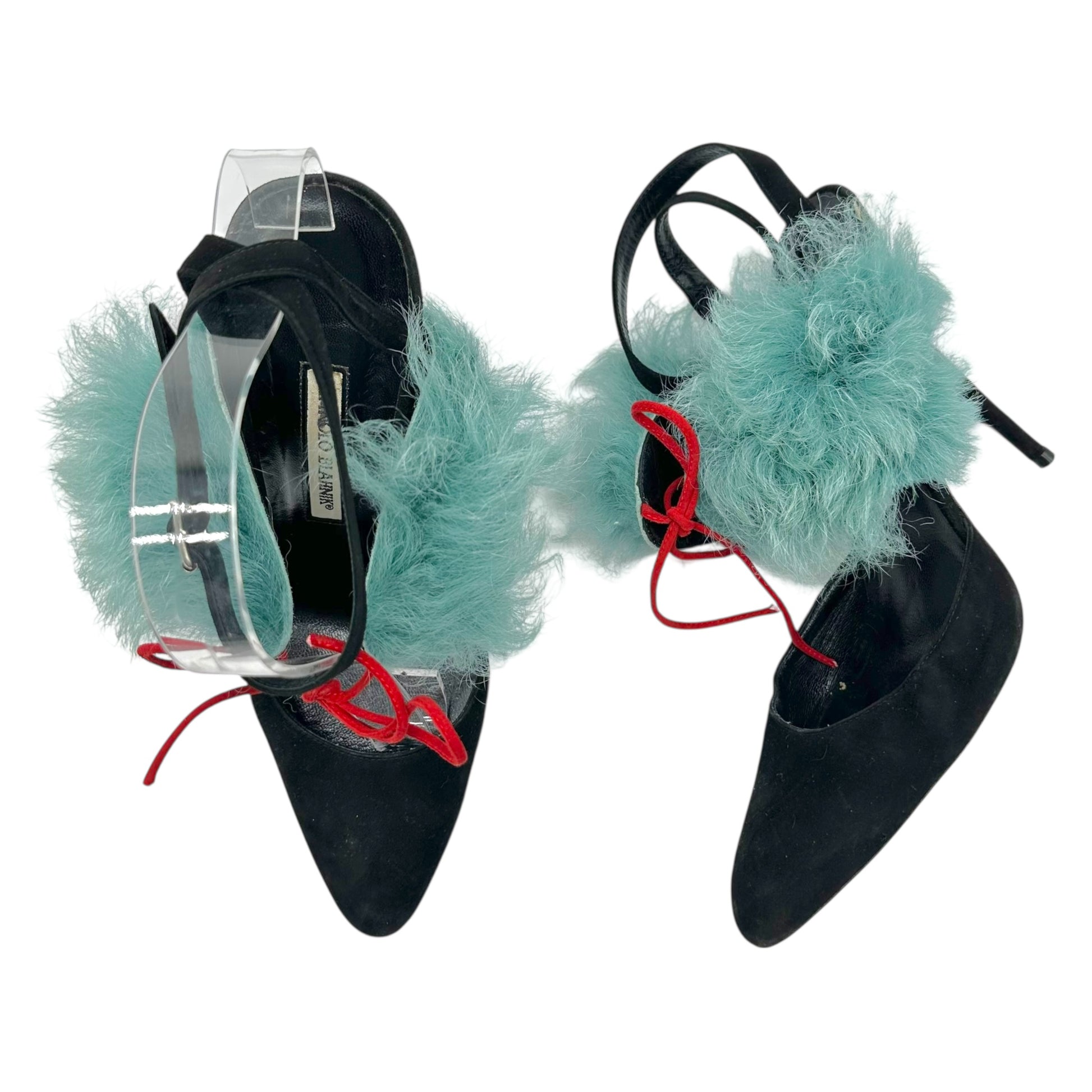 Manolo Blahnik Black Suede Teal Shearling Wrap Heels