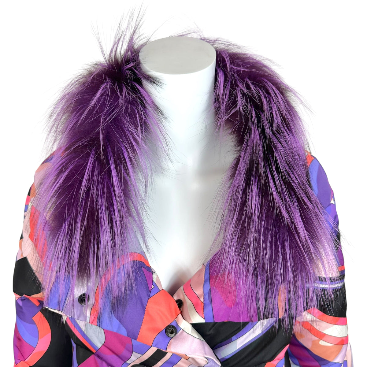 Emilio Pucci Puffer Coat Pink Purple Print Fur Collar