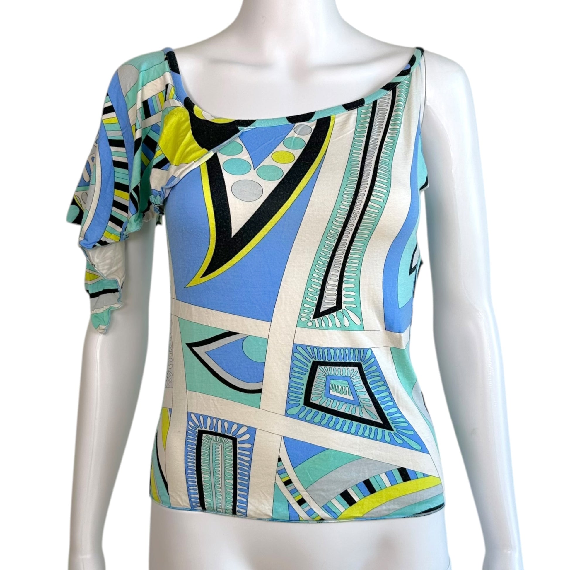 Emilio Pucci Asymmetrical Sleeve Top Blue Green Print