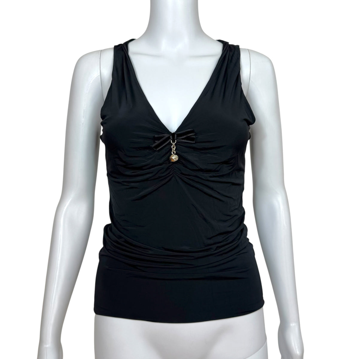 Gucci 2006 Black Tie Front Sleeveless Top w/ Gold Logo Charm