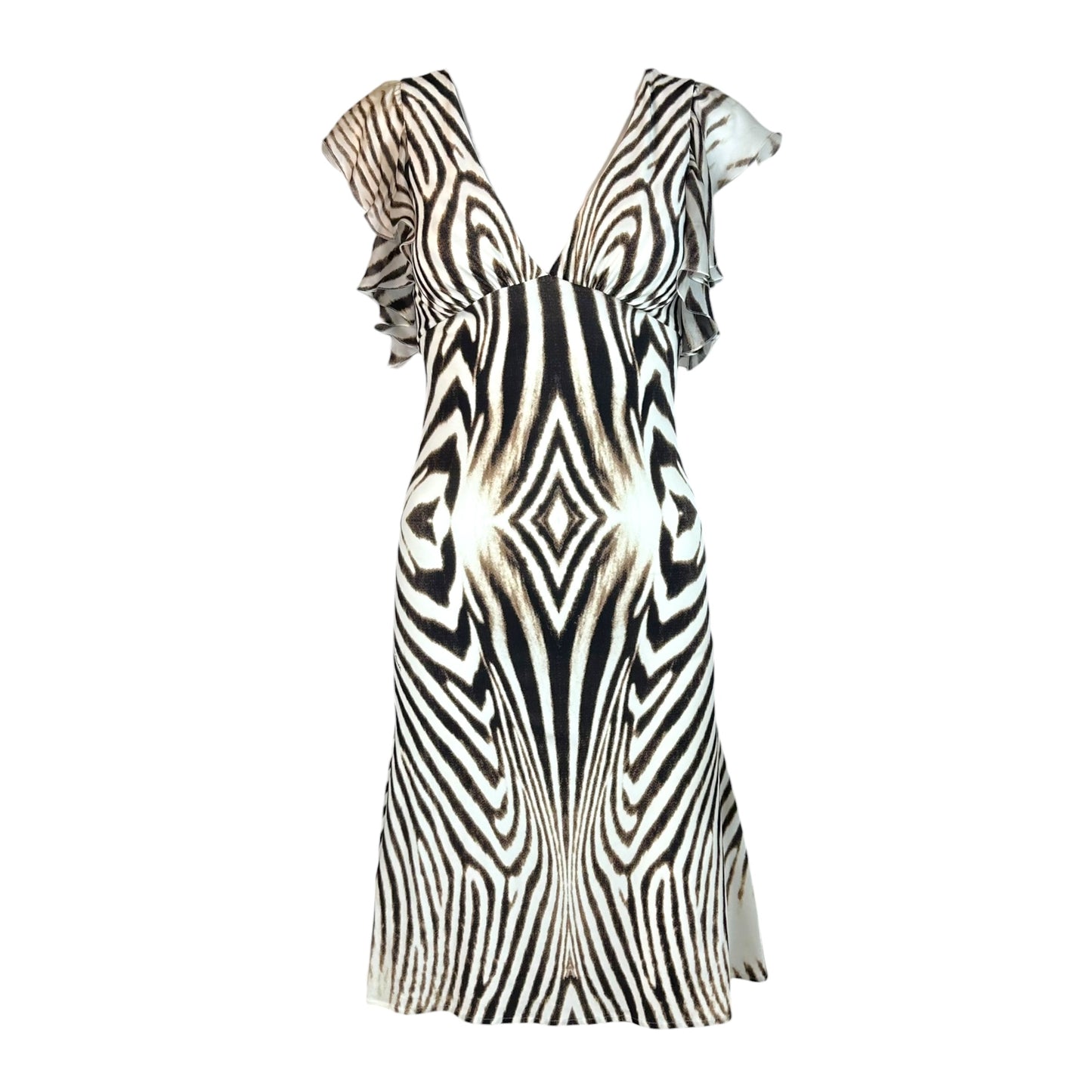 Roberto Cavalli Mini Dress White Brown Zebra Print Ruffle