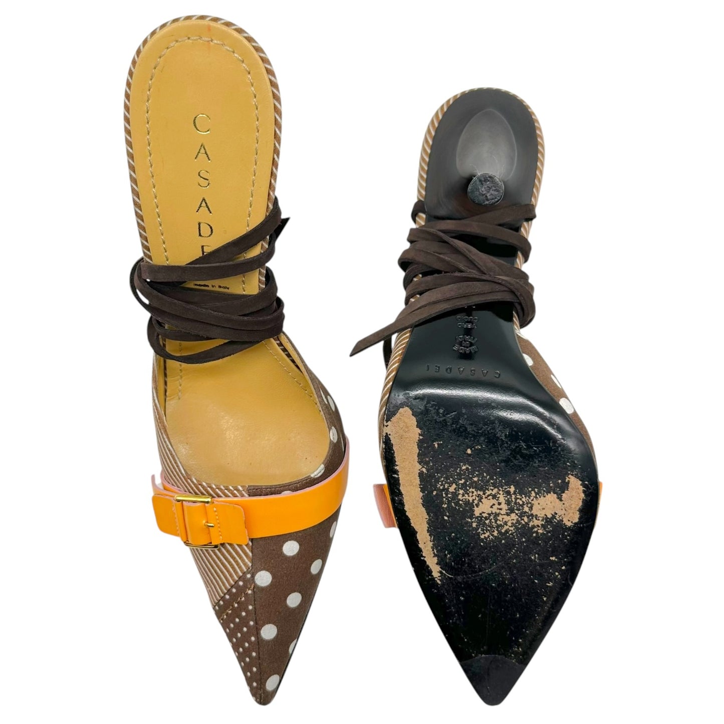 Casadei Lace Up Mule Heels Brown Orange Striped Polka Dot