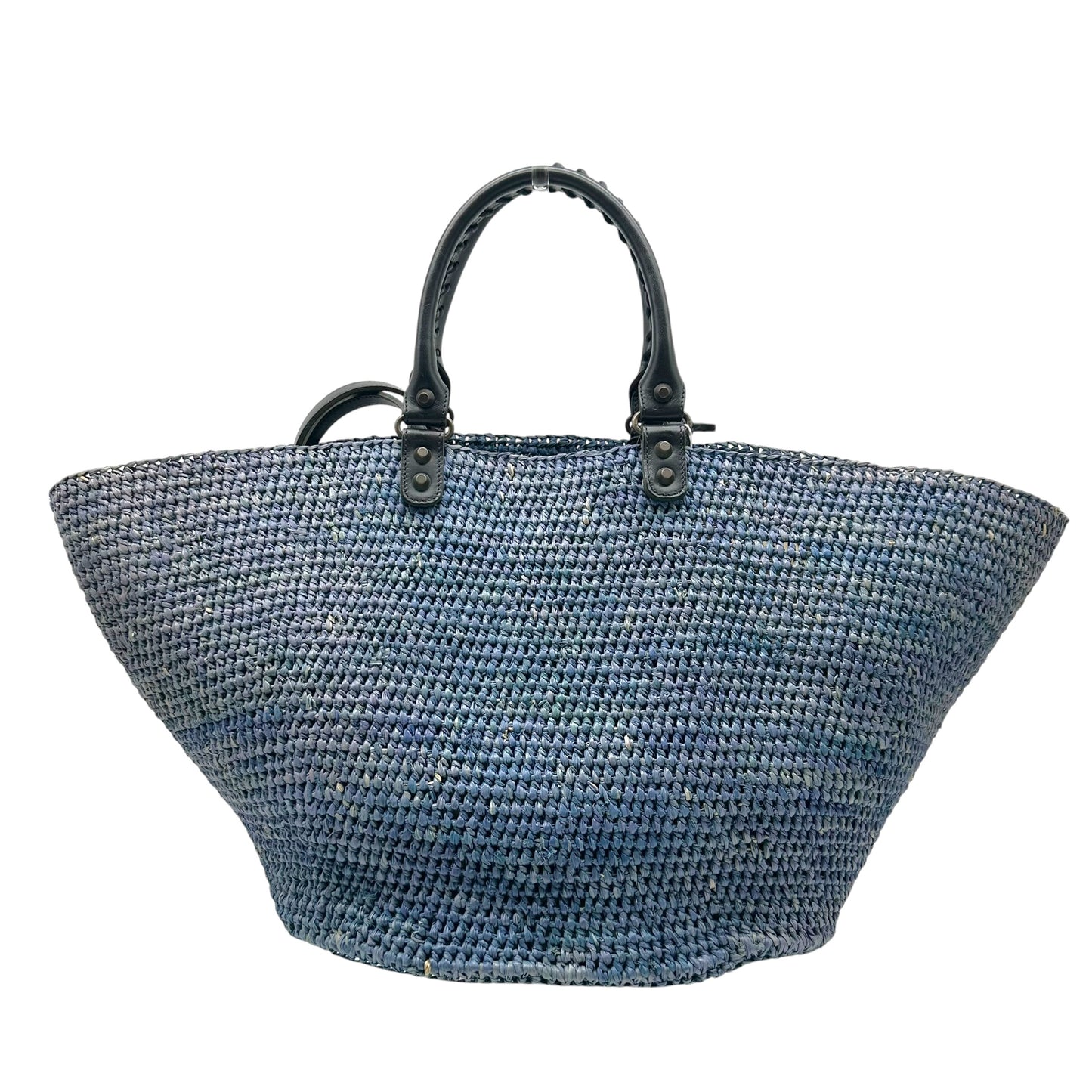 Balenciaga Large 2-Way City Beach Bag Blue Raffia Black Leather