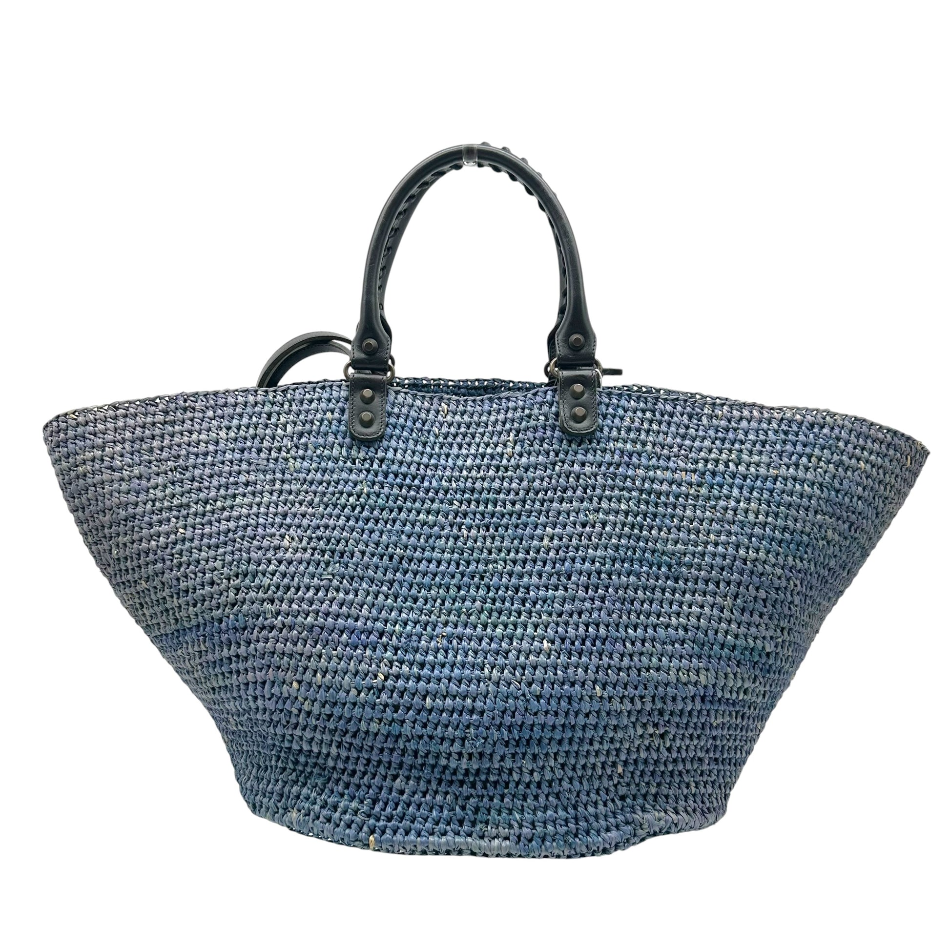 Balenciaga Large 2-Way City Beach Bag Blue Raffia Black Leather