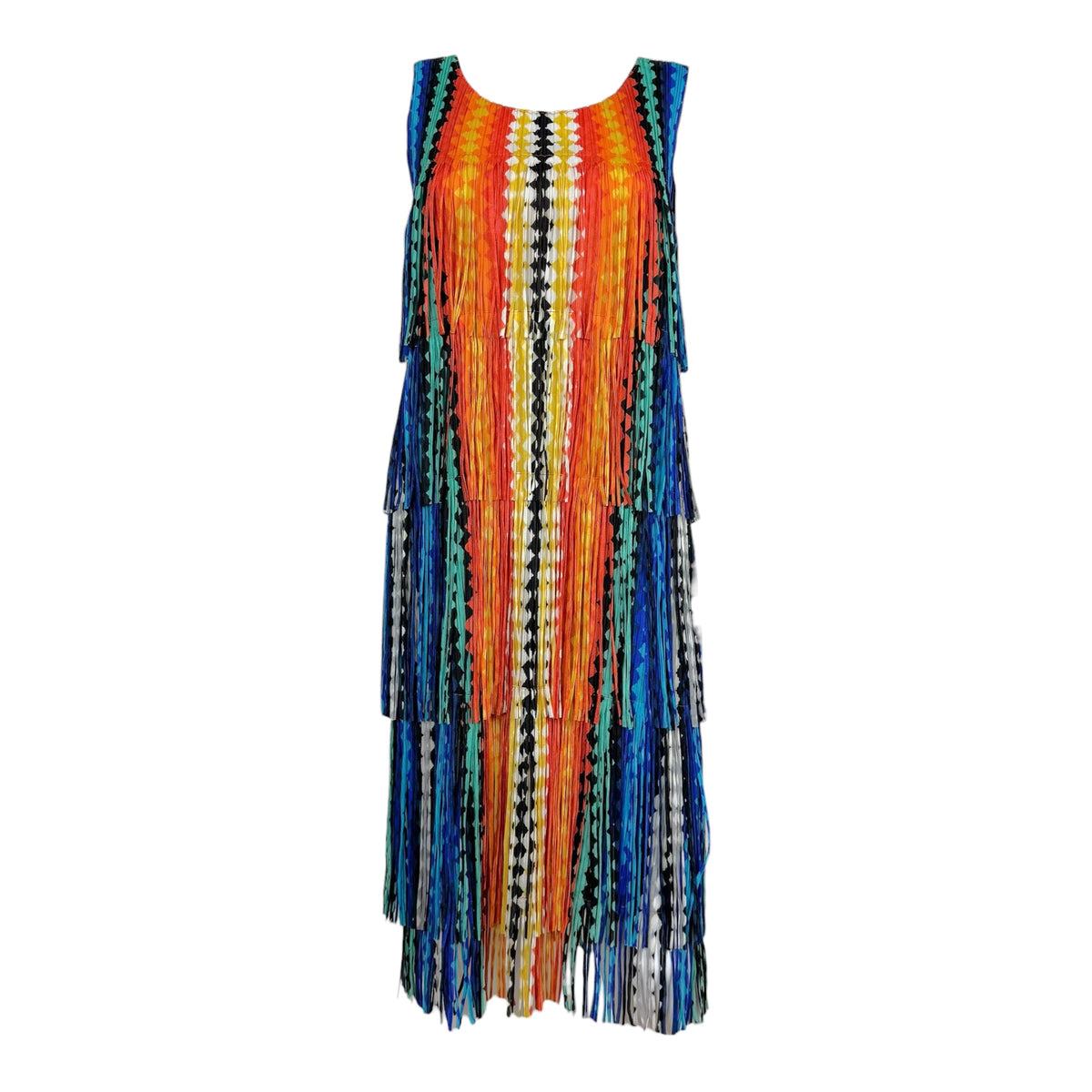 Issey Miyake Pleats Please Multicolor Diamond Print Fringe Trim Midi Dress Sz 3