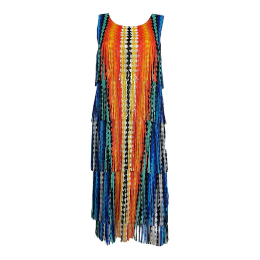 Issey Miyake Midi Dress Multicolor Diamond Print Fringe Trim