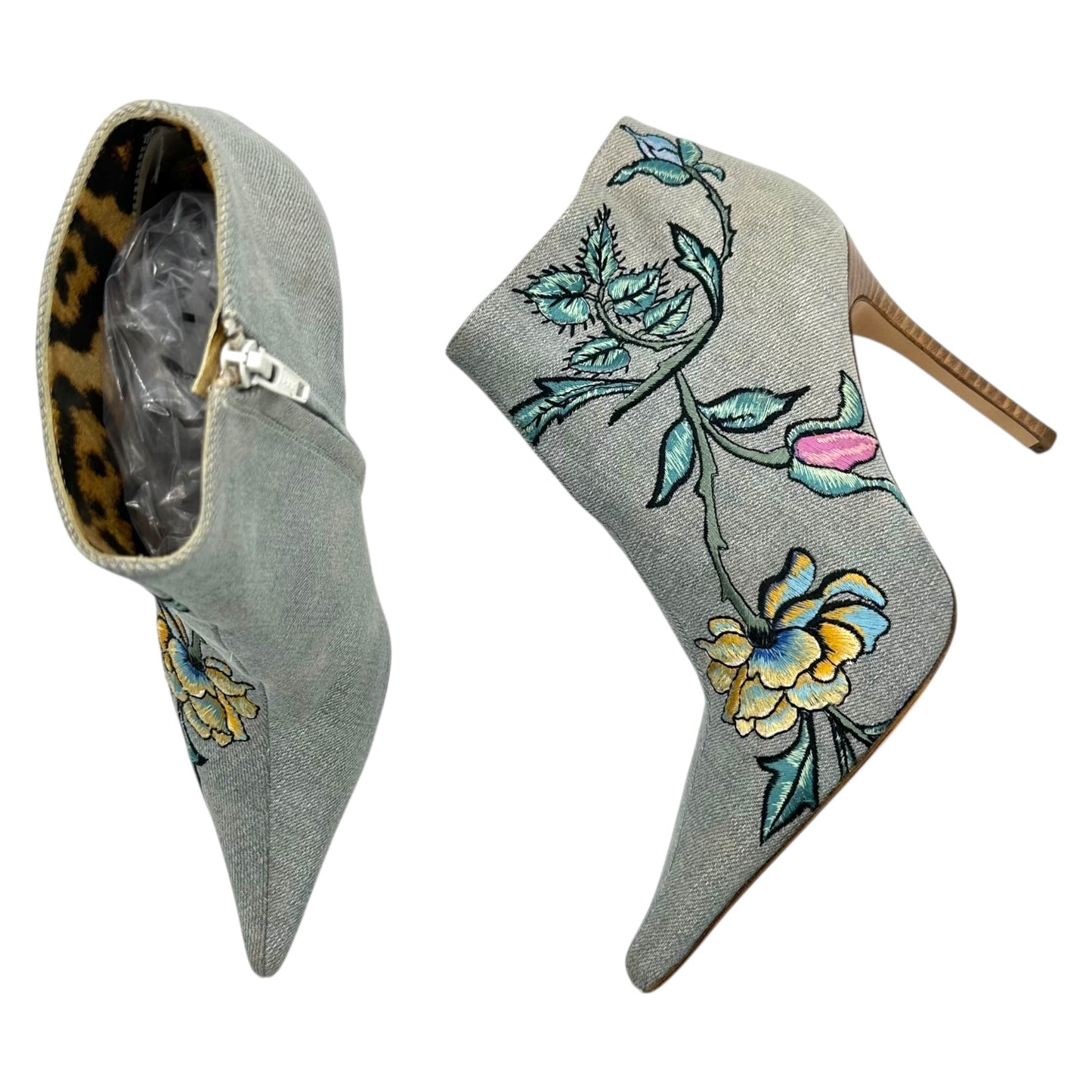 Roberto Cavalli Denim Floral Embroidered Heeled Booties - Outfit Repeater