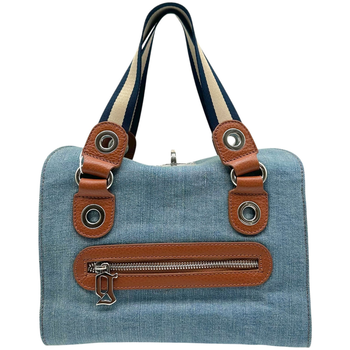Galliano Brown Leather & Denim Logo Stripe Handbag