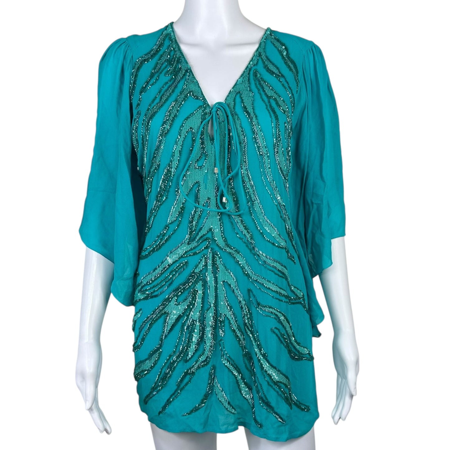 Roberto Cavalli Teal Silk Beaded Blouse Top NEW - Outfit Repeater