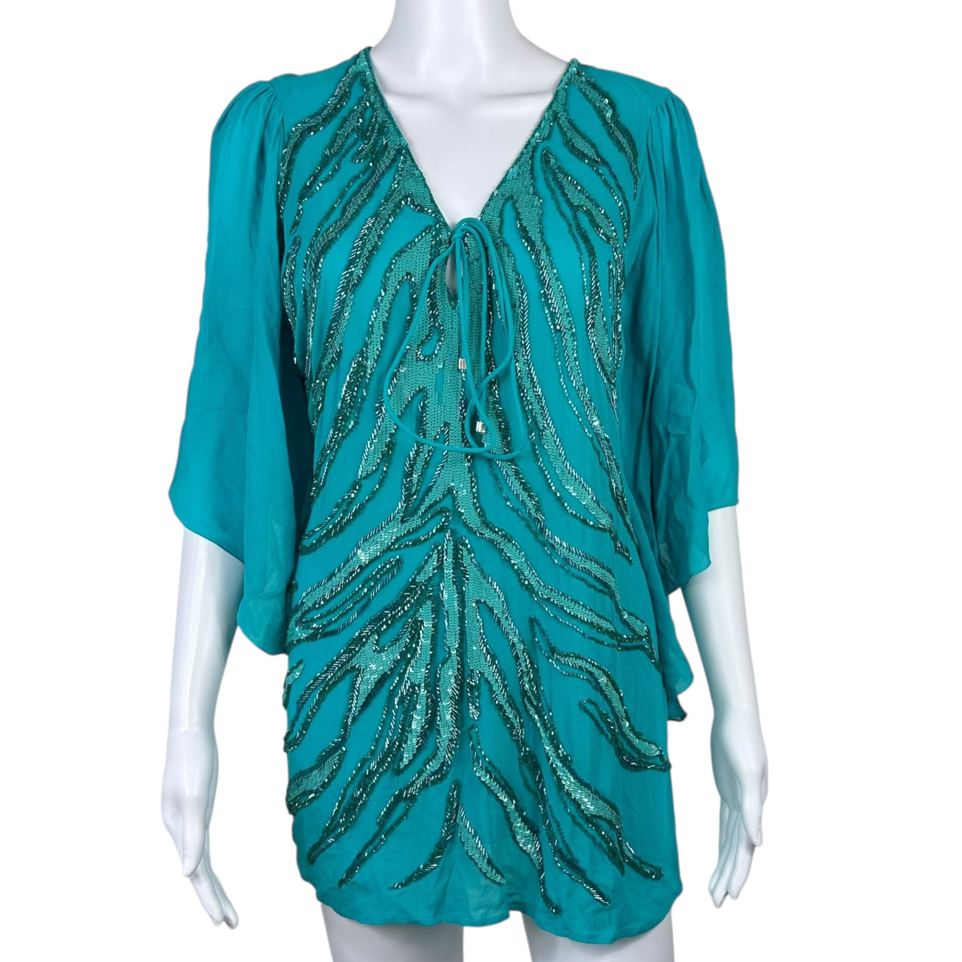 Roberto Cavalli Teal Silk Beaded Blouse Top NEW - Outfit Repeater