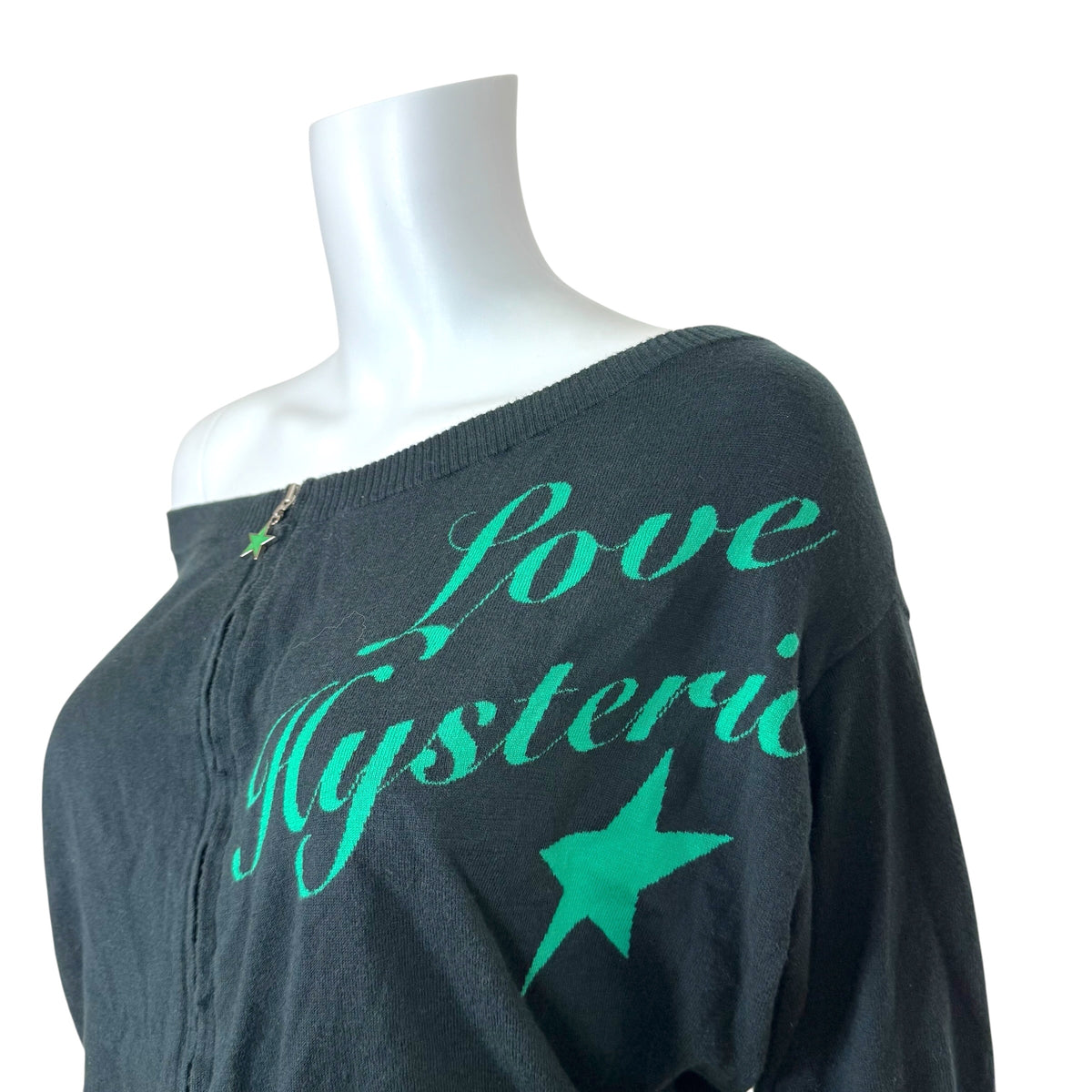 Hysteric Glamour Off-Shoulder Zip-Up Knit Top Black Green