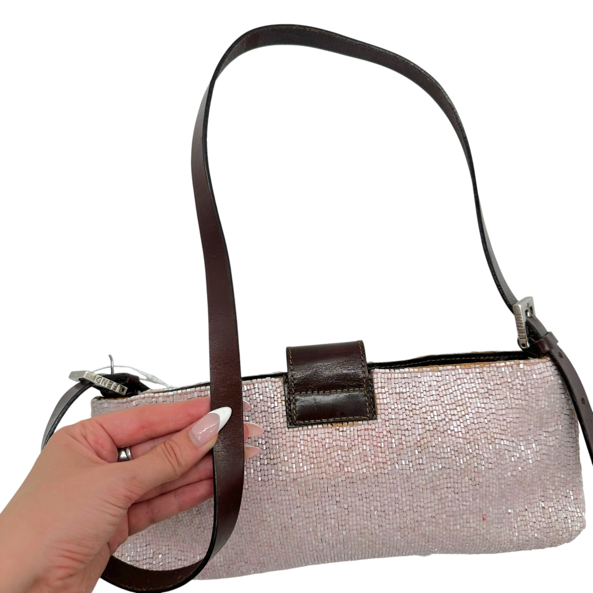 Fendi Crossbody Baguette Bag Light Pink Beaded Brown Leather