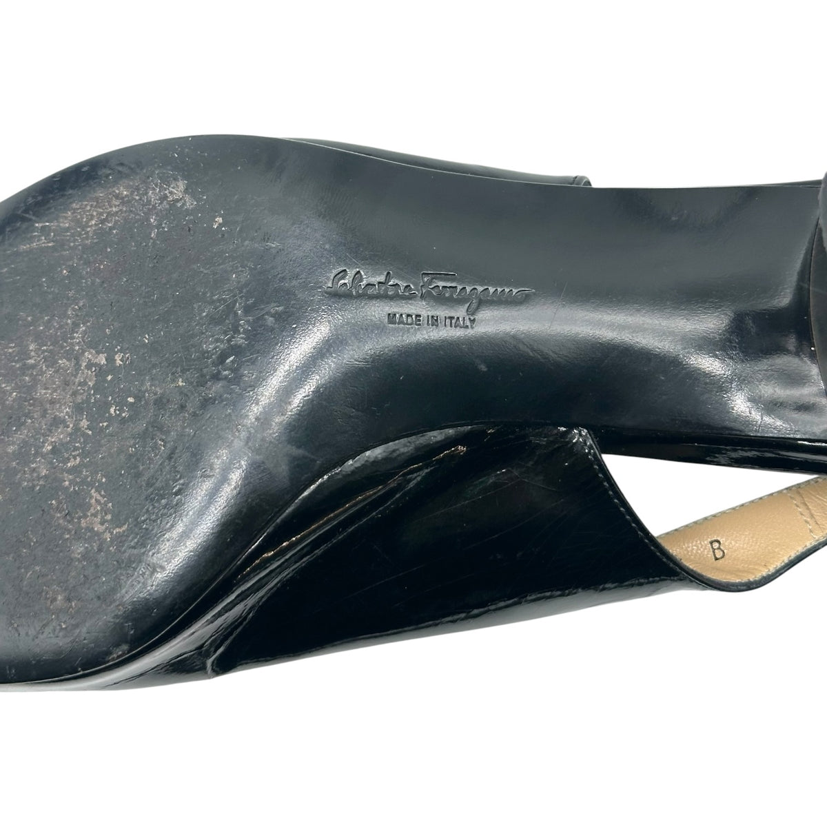 Salvatore Ferragamo Black Patent & Silver Kitten Heel Slingback Sandals