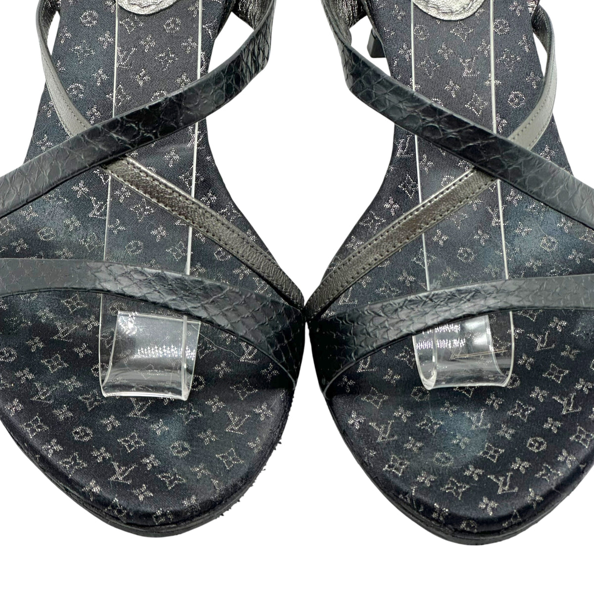 Louis Vuitton Black Satin Monogram & Python Strappy Kitten Heel Sandals