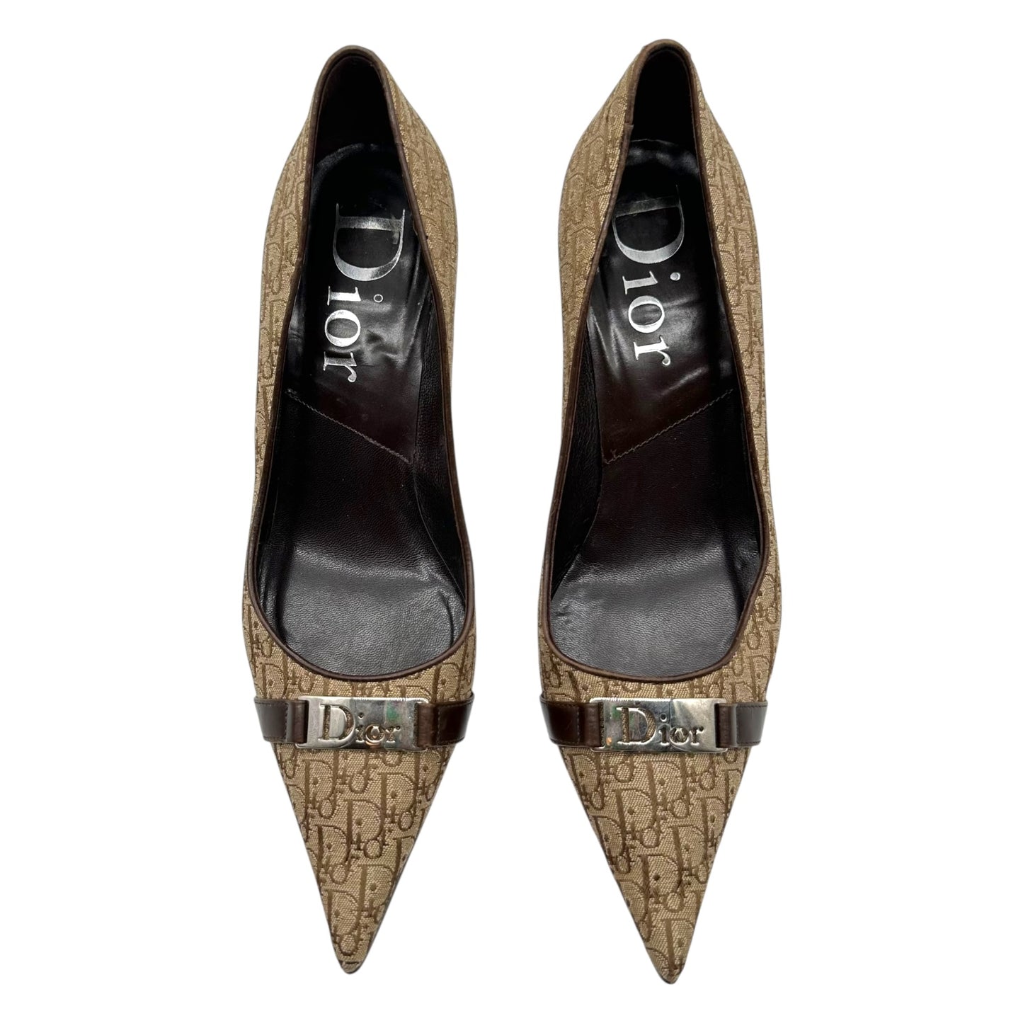 Christian Dior Tan Monogram Logo Plate Pointed Toe Heels