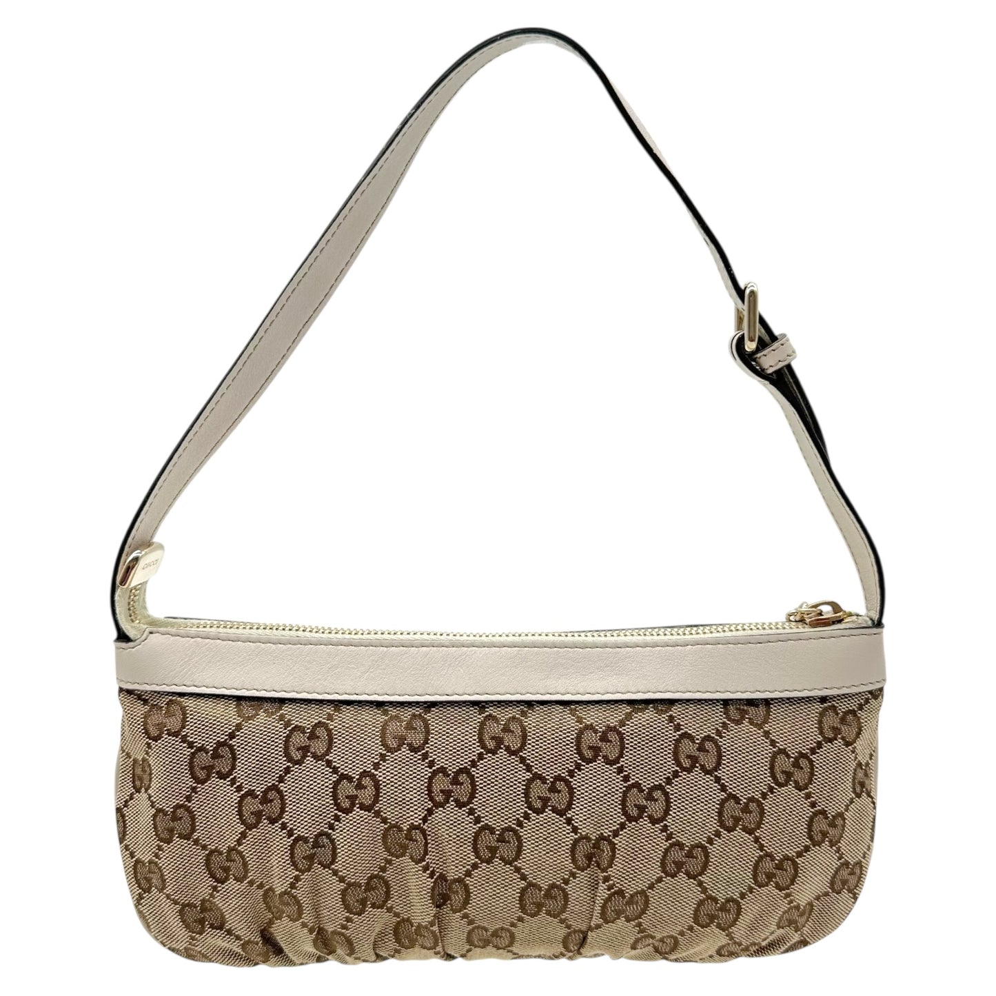 Gucci Tan Monogram & White Leather Trim Pochette Bag