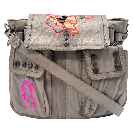 Galliano Gray Leather Embellished Logo Crossbody Messenger Bag