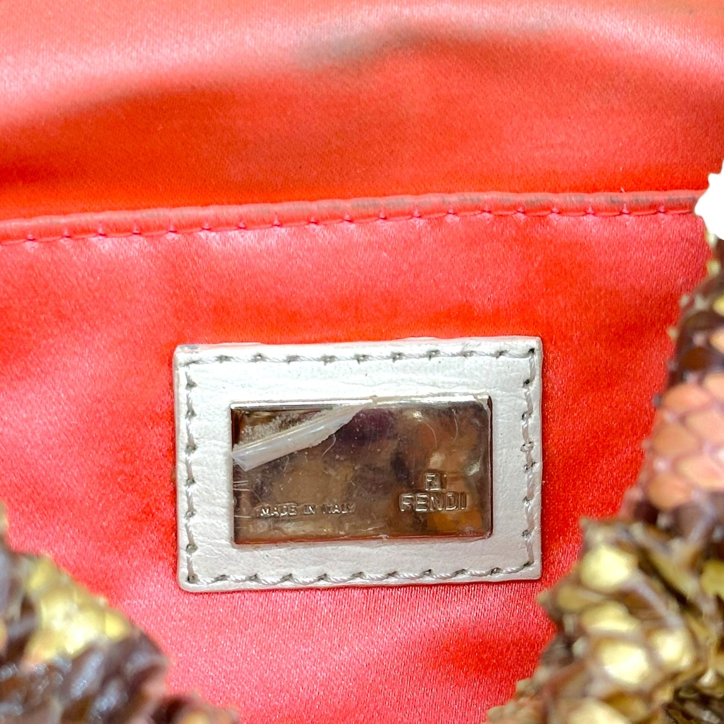 Fendi Brown & Pink Ivory Leather Trim Python Pequin Magic Handbag