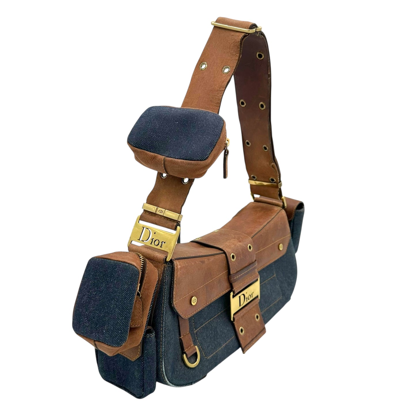 Christian Dior Denim & Brown Leather Columbus Shoulder Bag