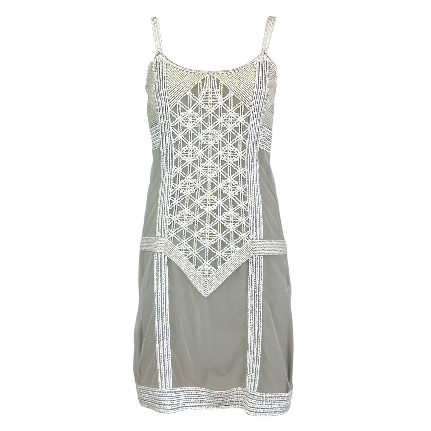 Fendi Beaded Mesh Mini Dress Beige Ivory Thin Straps