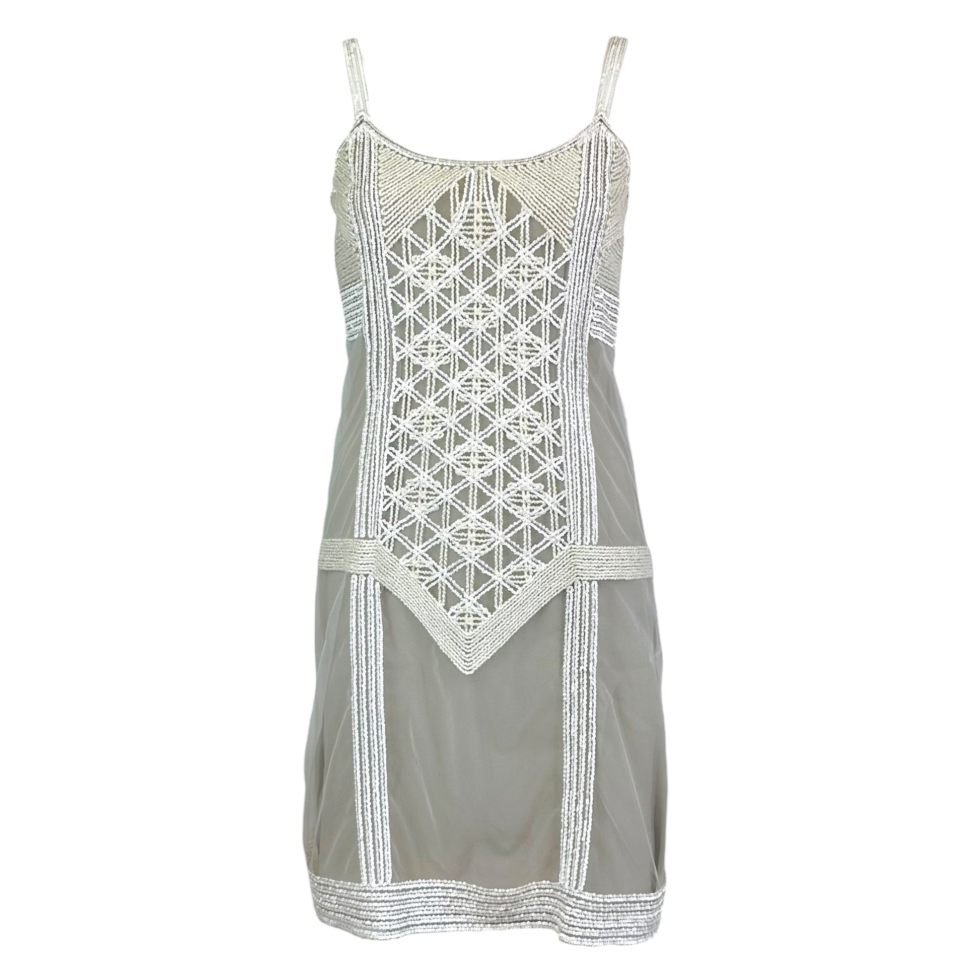 Fendi Beaded Mesh Mini Dress Beige Ivory Thin Straps