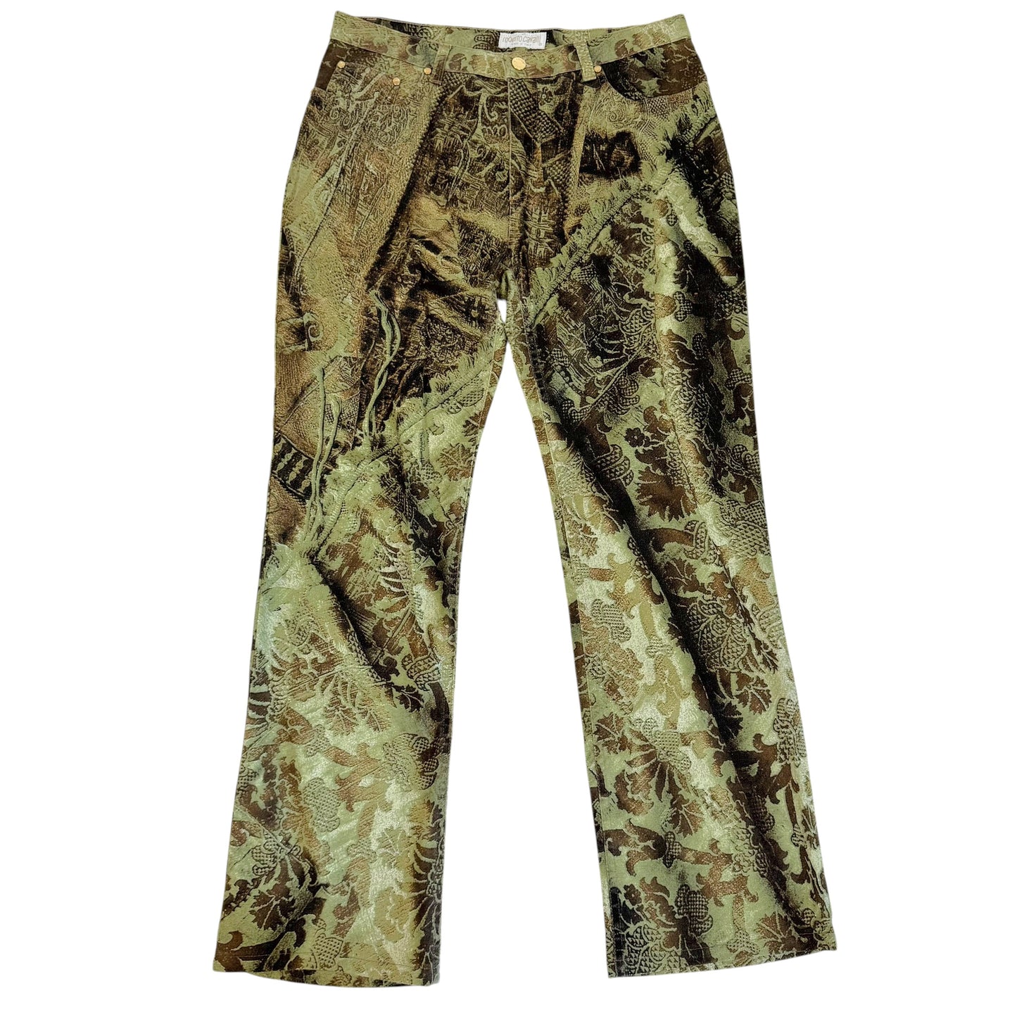 Roberto Cavalli Green Metallic Damask Printed Jeans