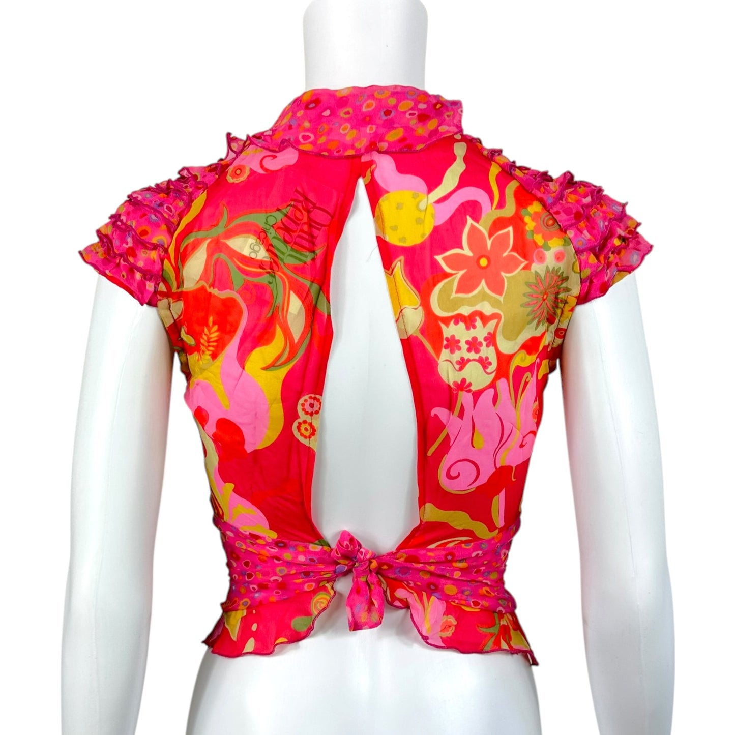 Emmanual Ungaro Fever Red & Pink Floral Cropped Tie-Back Silk Blouse
